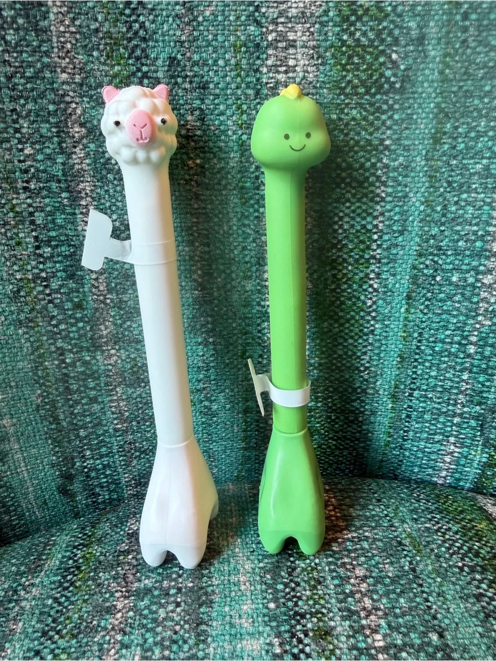White Llama and Green Dinosaur Pens. They Stand Up. Black Ink. Fun!